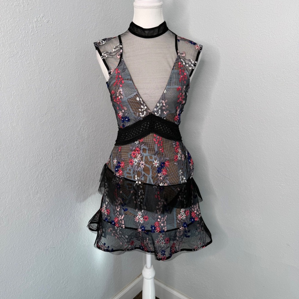 Self-Portrait Floral Embroidered Mesh Mini Dress‎ Black Pink Blue Size 0
